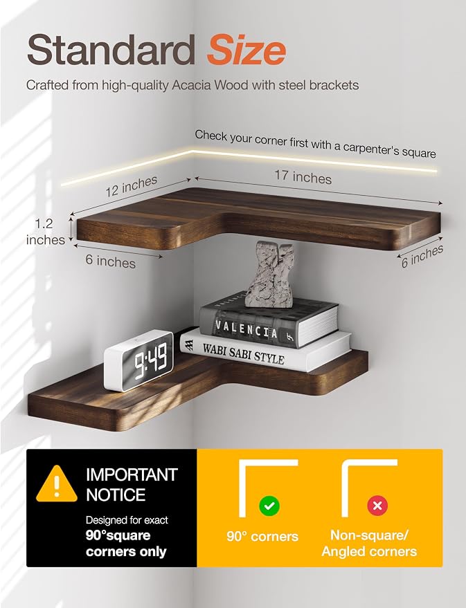 BATODA Acacia Wood Corner Floating Shelf 17” x 12”- Corner Shelf Wall Mounted - Floating Book Shelves for Wall - Corner Shelf for Home, Kitchen - with Brackets and Hardware (Walnut Color, 17" x 12")