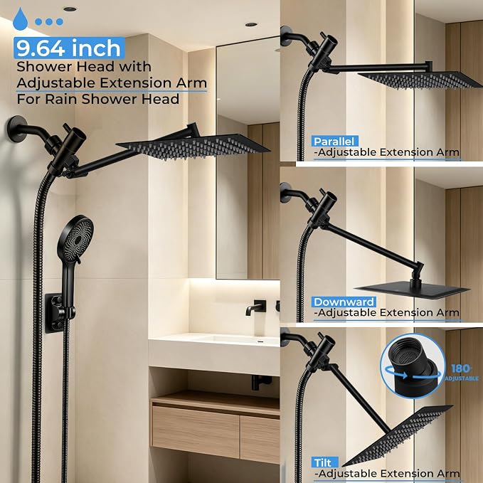 Shower Head, 8 inch Multifunction High Pressure Rain Shower Head with Handheld Spray Combo with 11'' Angle Adjustable Extension Arm/Flow Regulator/Shower System Matte Black