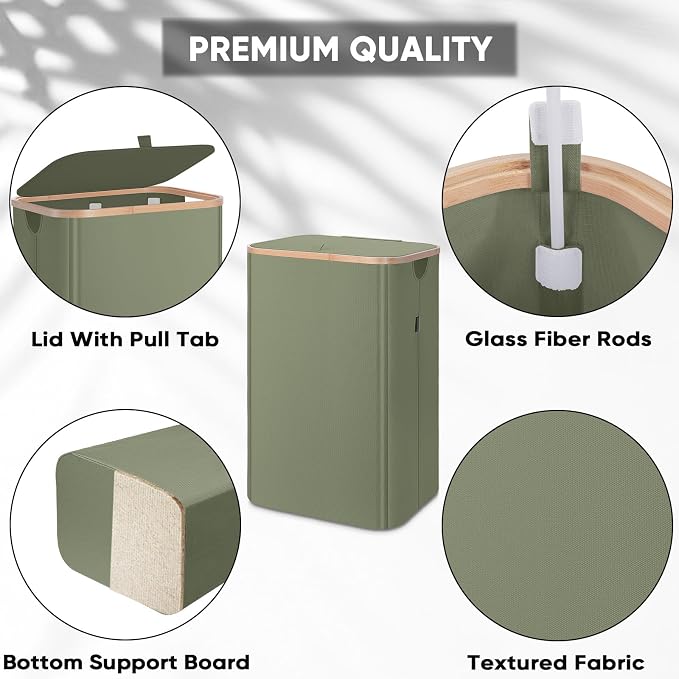 BALEINE Laundry Hamper with Lid, Tall Laundry Baskets with Bamboo Pull Handles, Large Laundry Bin with Internal Support (26 Gal/100L, Green)