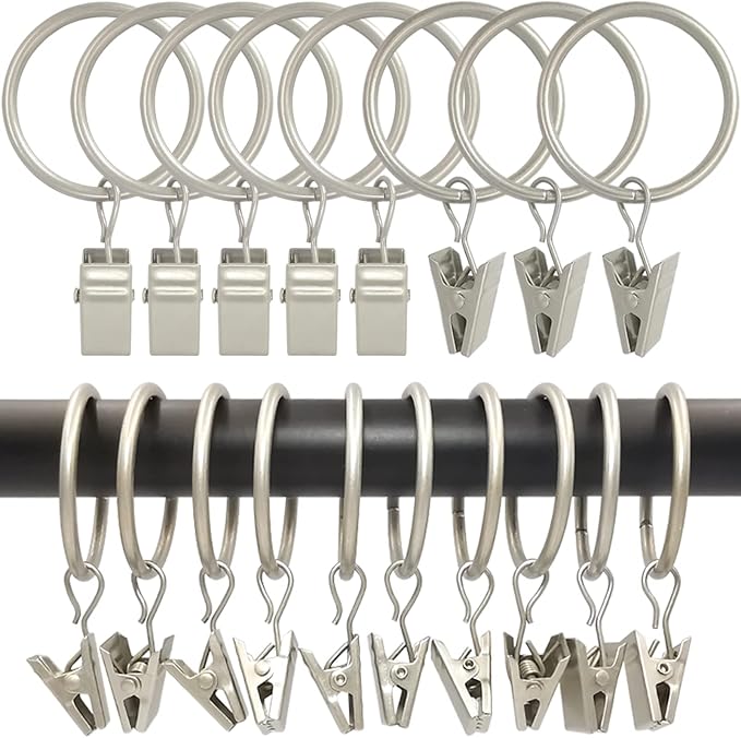 LLPJS 100 Pack Curtain Rings with Clips, Curtain Clip Rings Hooks, Bow Hanger Clips for Hanging Drapery Drapes Bows, Ring 1.26 inch Interior Diameter, Fits up to 1" Rod, Matte Silver