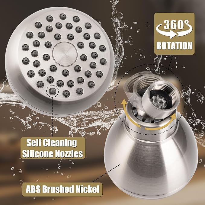 AISOSO Fixed Shower Head High Pressure 2PCS 3Inch Showerhead Brushed Nickel | 360 Rotatable Design, Self Cleaning Silicone Nozzles, Adjustable Swivel Brass Ball Joint for Relaxing and Comfortable Shower