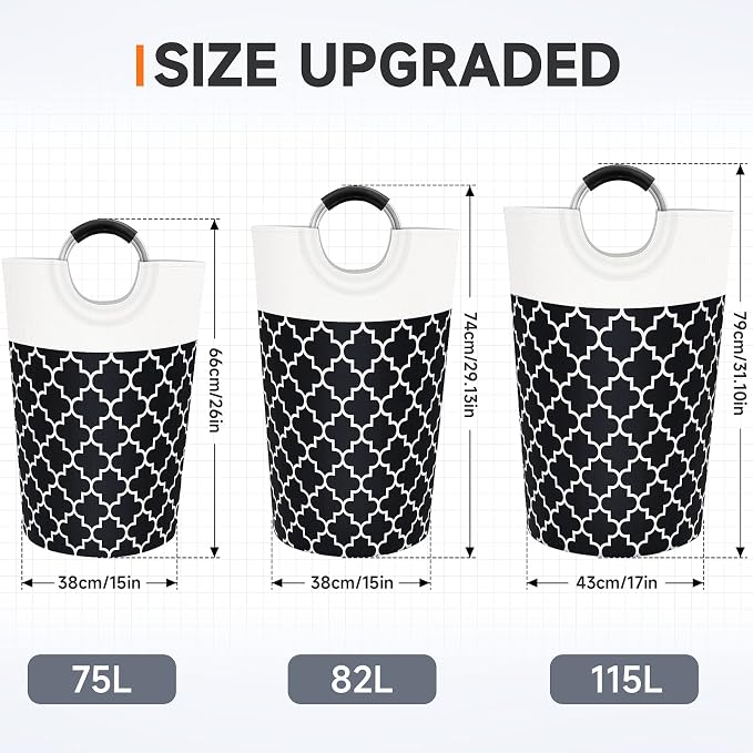 Large Laundry Basket Laundry Hamper Bag Washing Bin Clothes Bag Collapsible Tall with Handles Waterproof Travel Bathroom College Essentials Storage for College Dorm, Family (Black) 75L | Freestanding Laundry Hamper, Waterproof Dirty Clothes Storage Bag...