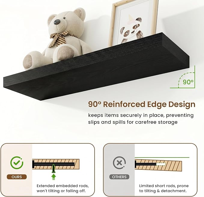 Marsmiles 9.25in Depth 30in Floating Shelves, 30x9.25x1.4, Black, Set of 2 | Wall Mounted Engineered Wood Shelves, Invisible Brackets for Living Room, Bedroom, Bathroom, Kitchen Decor and Storage