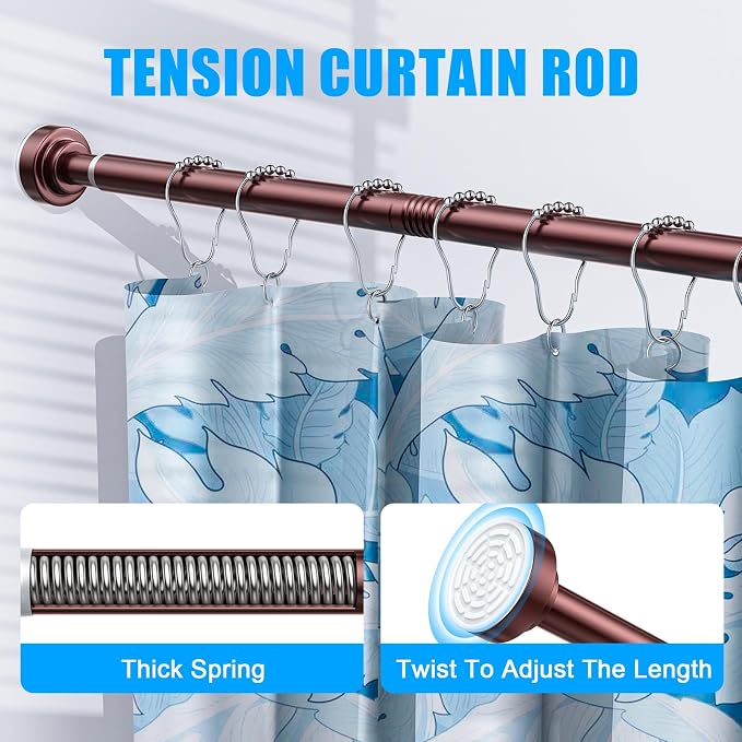 TEECK Shower Curtain Rod, 32-104 inch Adjustable Spring Tension Curtain Rod, Never Rust Anti-Slip Shower Curtain Rod for Bathroom, No Drilling, Never Collapse, Easy to Use, Brown