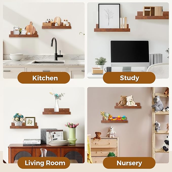 Muzilife 12" Small Floating Shelves Wood Wall Shelf with Lip, 2Pcs, Honey | FSC-Certified Wood | 20 lbs Capacity | Space-Saving | Hanging Shelf | Wall Decor| Bedroom,Living Room,Bathroom,Kitchen,Office