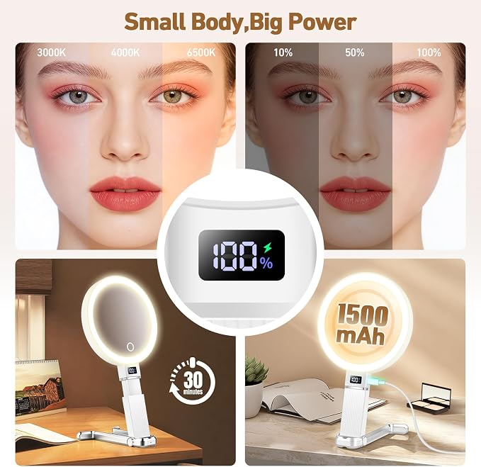 30X Travel Magnifying Mirror with Light, Height Adjustable Vanity Mirror with Phone Holder Stand, Portable Compact Handheld Makeup Mirror with Smart Display for Travel, Daily Makeup Use, White