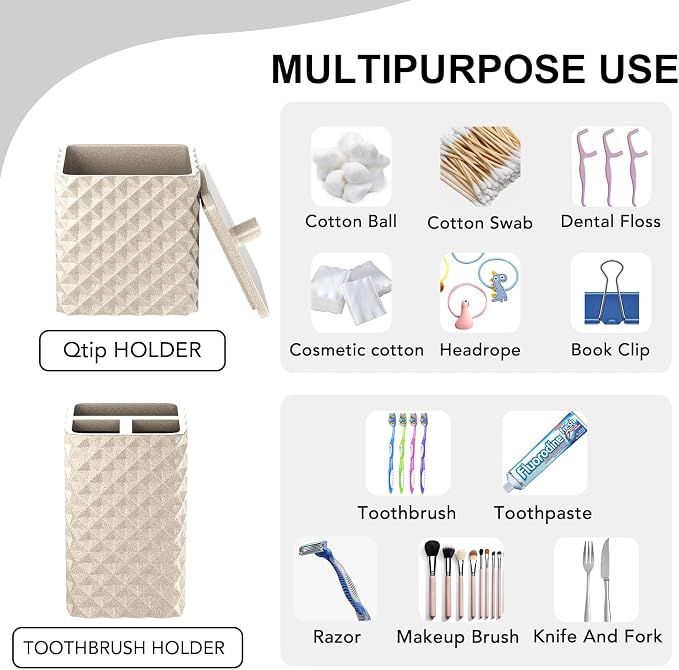 Bathroom Accessories Set Resin 6PCS, Square Toothbrush Holders Set Complete with Soap Dispenser, Vanity Tray, Tumbler, Cups and Cotton Swab Jars (Beige Diamond, Resin Bath 6 PCS)