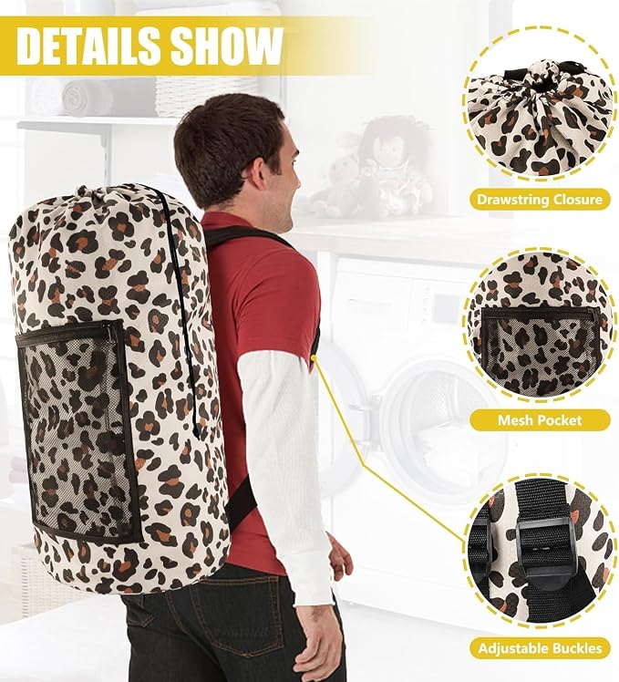 Olosar Laundry Bag Backpack, 2PCS Extra Large Travel Laundry Bag with Mesh Pocket & Adjustable Shoulder Straps,Dirty Clothes Travel Bag for College Students Dorm,Apartment(Leopard Print)