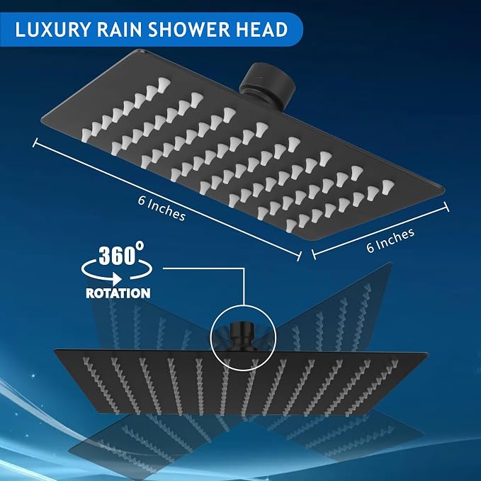 Voolan Rain Shower head, High Pressure Shower Head Made of 304 Stainless Steel, Relaxed Shower Experience Even at Low Water Flow and Pressure (6" Black)
