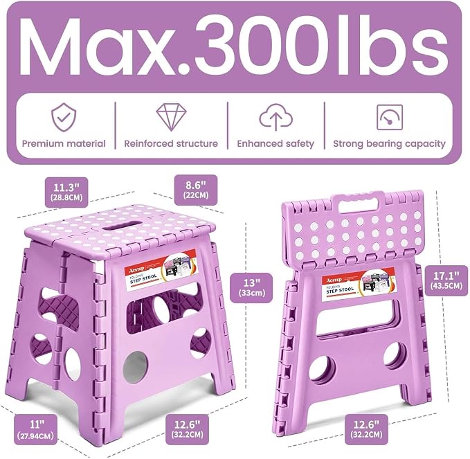 Foldable Step Stool for Adults 13 Inch, 300 lbs, Light Purple | Lightweight Stepping Stool with Handle and Non-Slip Surface, for Reaching Kitchen Cabinets, Bathroom Shelves and Closets
