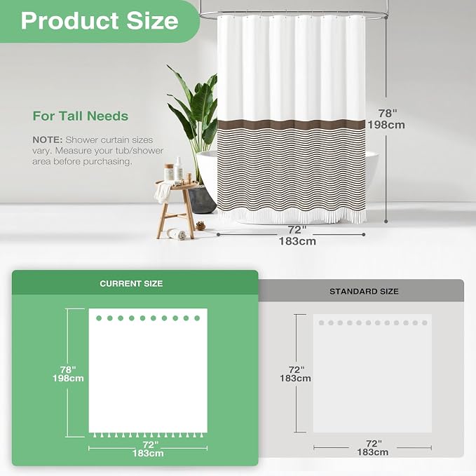 78 Inches Long Shower Curtain, Farmhouse Boho Striped Fabric Tassel Shower Curtains for Bathroom, Tall Bohemian Textured Waterproof Cloth Shower Curtain Set with Hooks, Brown, 72x78