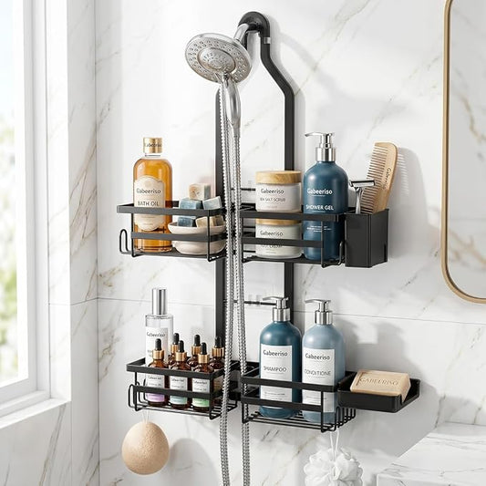 Shower Caddy Hanging Organizer for Handheld Showerheads | Rustproof Bathroom Shelf Fits Handheld & Fixed Shower Heads, 12 Hooks, Soap & Toothbrush Holder, No-Drill Installation