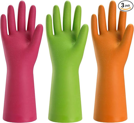 Bamllum 3 Pairs Rubber Cleaning Gloves for Household - Reusable Dishwashing Gloves for Kitchen, Flexible Long-lasting & Waterproof (Large, Green+Red+Orange)
