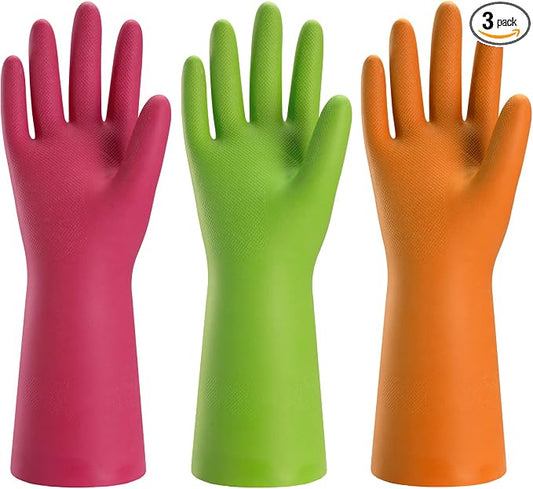 Bamllum 3 Pairs Rubber Cleaning Gloves for Household - Reusable Dishwashing Gloves for Kitchen, Flexible Long-lasting & Waterproof (Small, Green+Red+Orange)