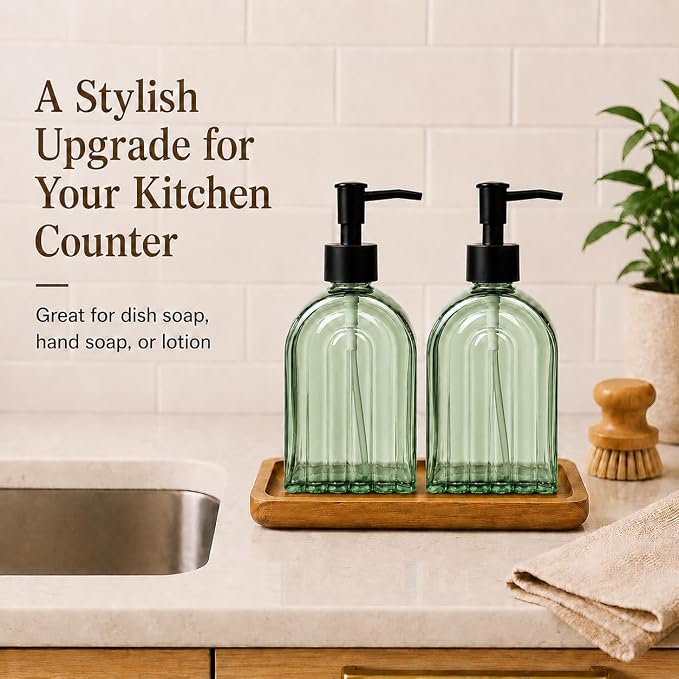 2 Pack Arch Glass Soap Dispenser with Acacia Wood Tray, 11oz Green Rainbow Decorative Hand Soap Dispenser with Rustproof Pump, Refillable Liquid Dispenser for Bathroom, Kitchen, Countertop