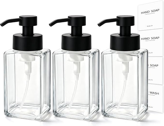 Foaming Soap Dispenser, 12oz/350ml Glass Foaming Hand Soap Dispenser Set, 3Pcs Refillable Foam Soap Dispenser With Foaming Pump, Labels, Square Foam Soap Hand Dispenser For Bathroom, Kitchen