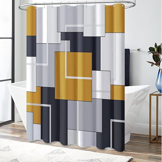 72 x 84 Tall Modern Geometric Waterproof Fabric Shower Curtain, Gold | Long Size, Premium Polyester, Weighted Hem, 12 Plastic Hook, Vibrant Color, Wrinkle-resistant, Quick-Dry, Machine Washable