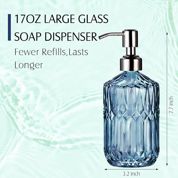 COHOSEGE 17 Oz Blue Glass Kitchen Soap Dispenser for Dish Soap, 2 Pack Bathroom Soap Dispenser Set with Silvery Rust Proof Pump for Lotion, Hand soap or Body Wash
