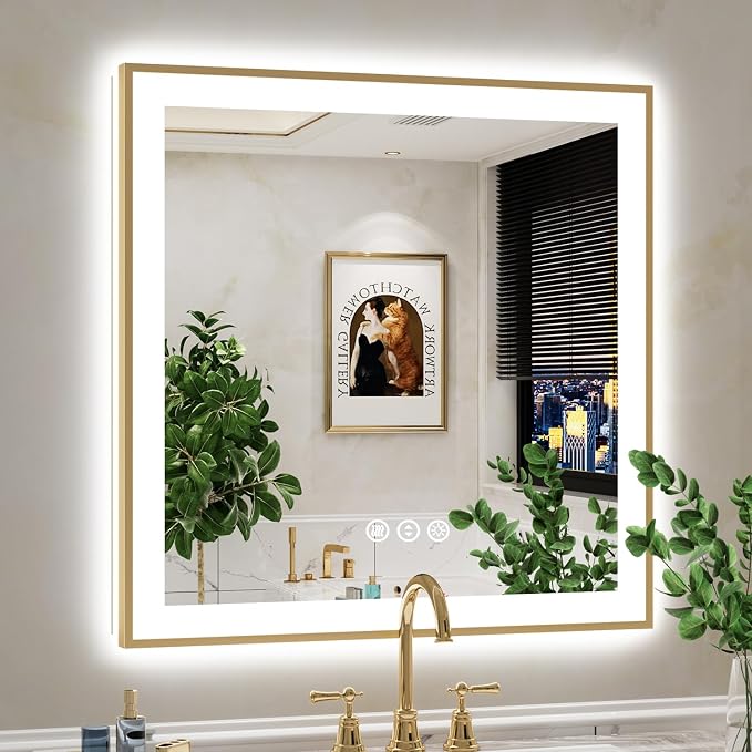 32x32 LED Bathroom Mirror with Lights, Gold Framed Lighted Mirror | Backlit and Front light, Anti-Fog, 3 Color Dimmable, Memory, Tempered Glass, IP54 Waterproof, UL Listed