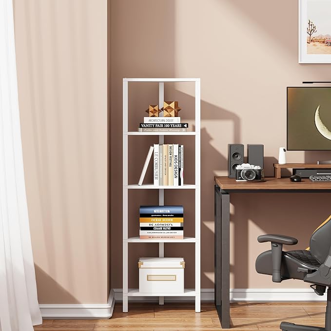 TUTOTAK Corner Shelf, 5-Tier Corner Bookshelf for Small Space | Narrow Display Corner Shelf Stand with Storage Rack, for Living Room, Bedroom, White BS05BW005