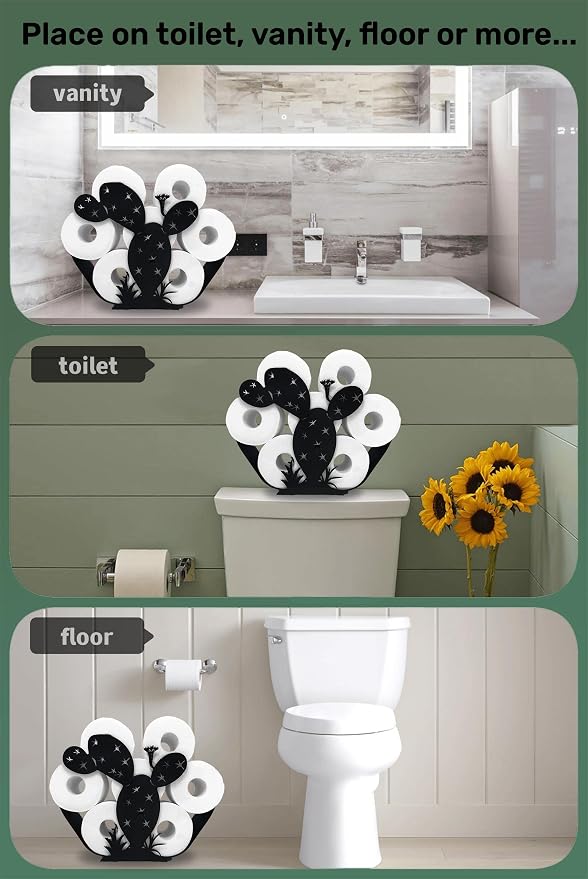 Black Cactus Metal Toilet Tissue Holder, Decorative FreeStanding Paper Holder for Bathrooms, Organizer Holds Extra 8 Rolls