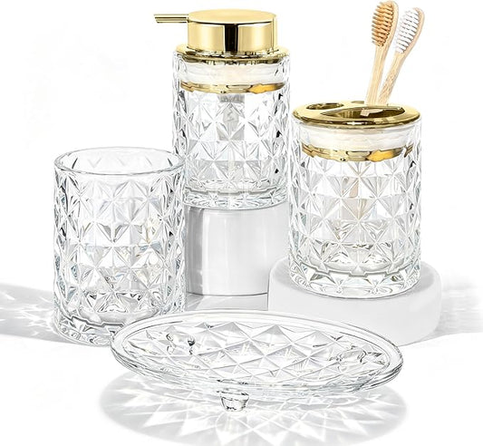 CERBIOR Bathroom Accessories Set, 4 PCS Glass Bathroom Set,Golden White | Includes Soap Dispenser, Toothbrush Holder, Toothbrush Cup, Soap Dish for Decorative Countertop and Housewarming Gift