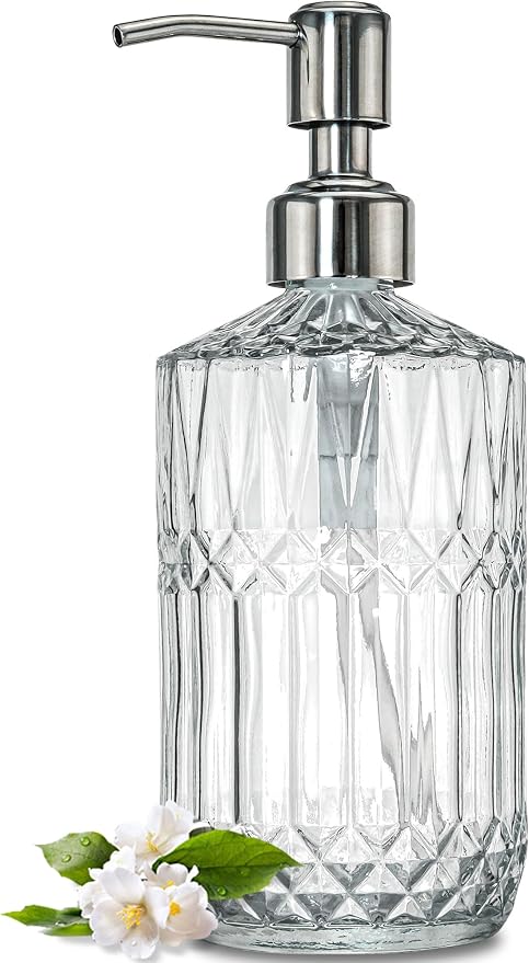 JASAI 18 Oz Embossed Clear Glass Soap Dispenser with Rust Proof Pump | Refillable Dish soap Dispenser for Kitchen, Premium Bathroom Soap Dispenser for Hand soap, Lotion (Clear)