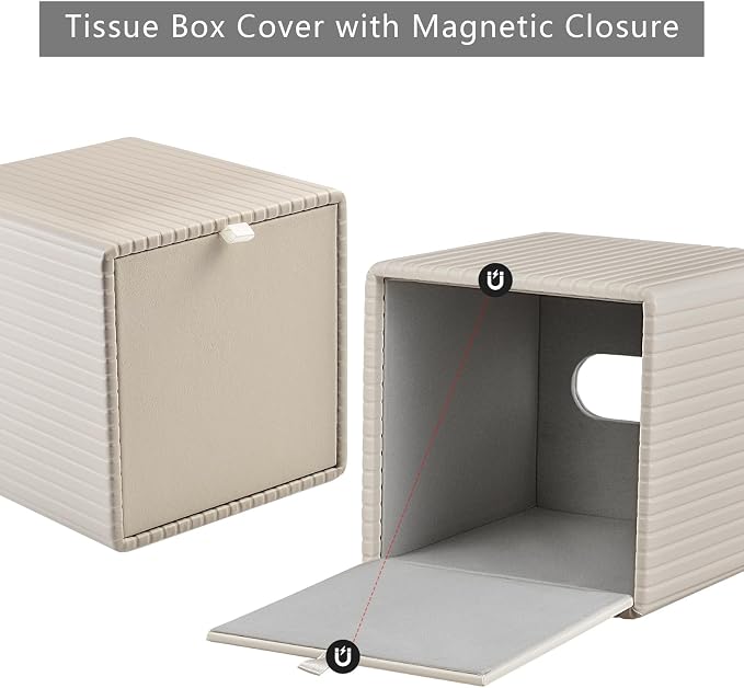 PU Leather Tissue Box Cover Square Tissue Box Holder for Bathroom Vanity Countertop Night Stands Bedroom Office Desk,Modern Tissue Decorative Organizer with Magnetic Closure,Beige