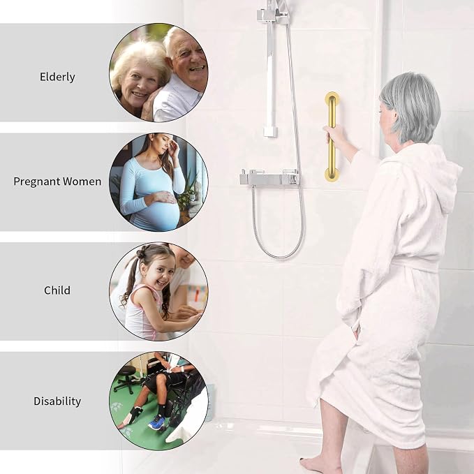 ZUEXT 12 Inch Gold Safety Grab Bar for Bathroom Shower, Stainless Steel | Concealed Wall Mount Grab Bar Handle, Bathroom Balance Bar, Safety Hand Rail Support, Handicap Elderly Injury Seniors Assist