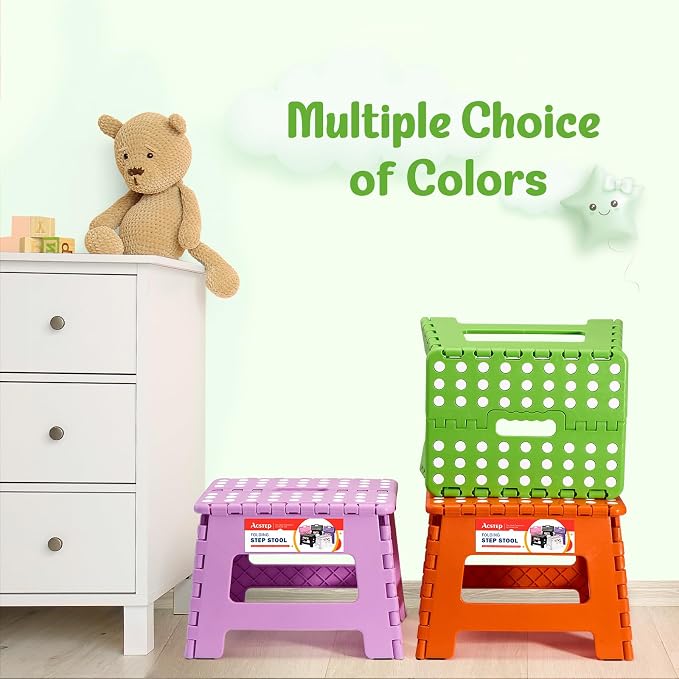 Folding Step Stool 9 Inch for Kids and Adults, 300 lbs, Green | Lightweight Plastic Small Foldable Step Stool with Handle, Non-Slip, for Kitchen, Bathroom, Bedroom and Closet