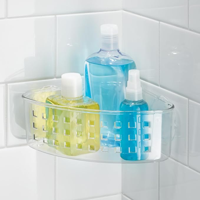 iDesign Plastic Suction Cup Corner Shower Basket, Clear | Bathroom Storage, Made in USA