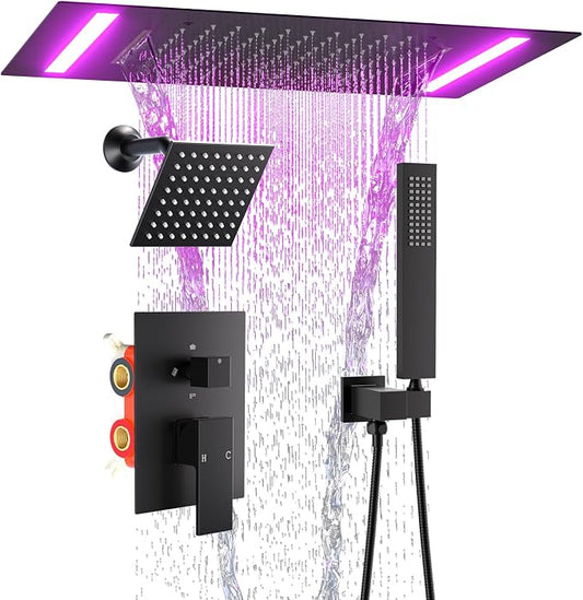 ENGA Dual Rain Shower Head System, 2 In 1 Functions Ceiling Mount 14x20inch LED Shower Head with 6 Inch Shower Head, Rainfall Waterfall Shower Faucet Set, Matte Black