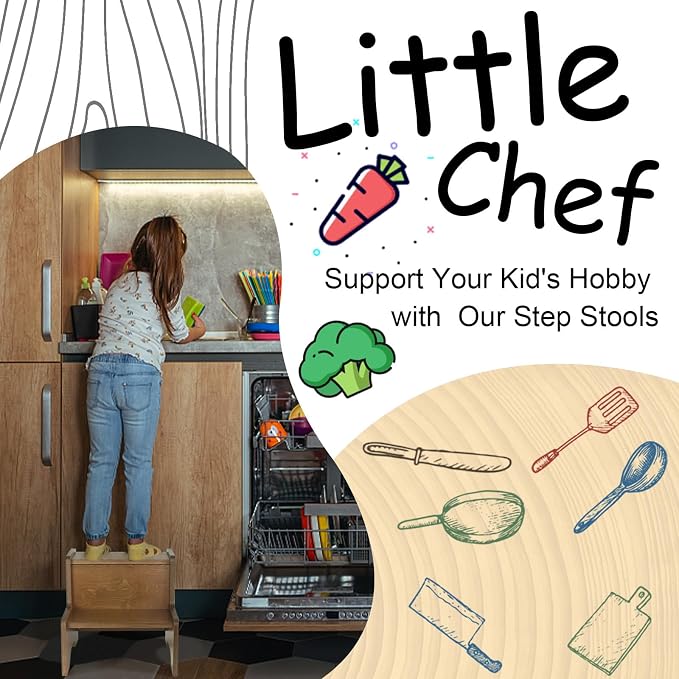 Toddler Step Stool for Kids, Wooden Brown Two Step Children's Stool with Handles, Bonus Non-Slip Pads for Safety, Bathroom Potty Stool & Kitchen Step Stools Dual Height