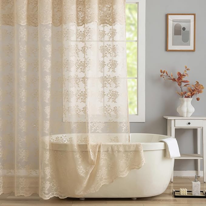 TUDECO Extra Long Beige Lace Shower Curtain with Valance, 72 x84 Inch | Antique Vintage, Floral Pattern, Tall Bathroom Curtain, Scalloped Edges, Light Filtering, Soft Privacy, Reinforced Holes