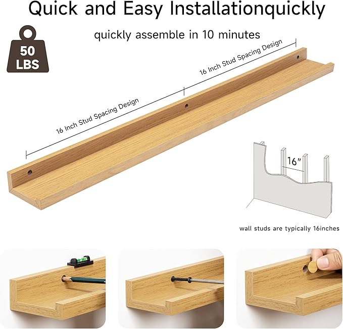 Fun Memories Picture Ledge Shelf, 32 Inch Floating Shelves Set of 2, Large Nursery Book Shelves for Toys Storage, Kids Bookshelf Wall Mounted for Wall Decor Books Photo Frames, Oak