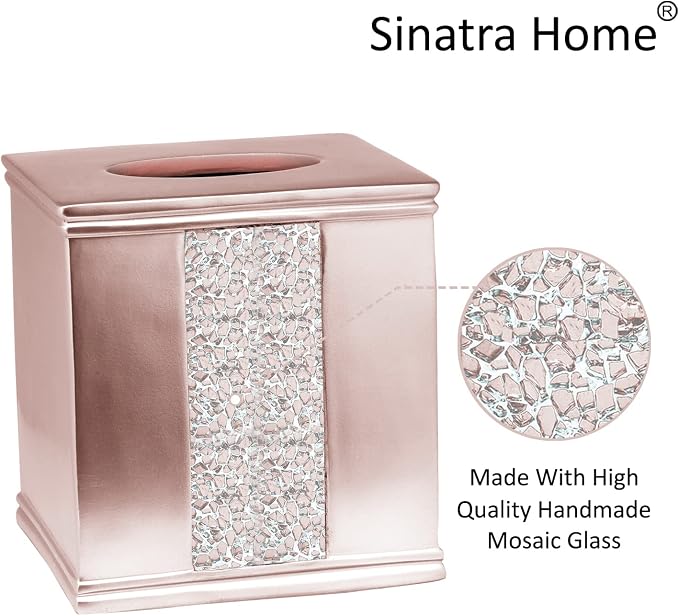 Zahari Home 2pc Sinatra Modern Bath Accessories Set Waste Basket & Tissue Box Modern Decorative Beautiful Designs Bathroom Decor Set for Home Blush Bathroom Set Mosaic Glass