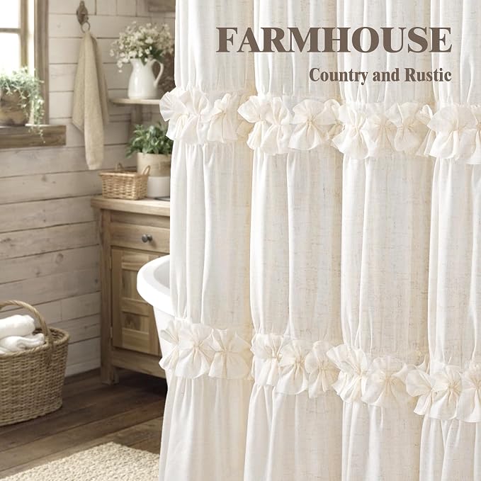 Ruffle Farmhouse Linen Shower Curtain with Vintage Bow Cream 72" W x 84" H | Linen Blend Fabric, Ruffle Bow and Ruffled Hem，Linen Texture，Machine Washable，12 Metal Holes and Plastic Hooks