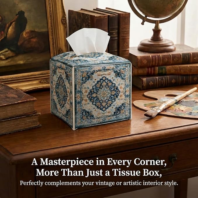 Tissue Box Cover Holder Square - Vintage Boho PU Leather Decorative Organizer, Ethnic Carpet Pattern Design Inspired, with Bottom Belt for Bathroom Car Office Tabletop Home, 5x5 Inch (Blue&White)