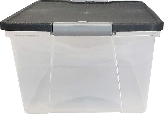 HOMZ 4-Pack Secure Latch, Clear Plastic Storage Organizer Bins, 15 Quart, Gray Lid - Stackable Container Boxes for Bedroom, Bathroom, Garage, and Office Organization