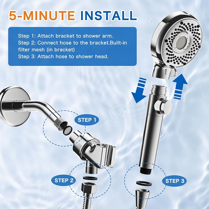 Shower Head with Handheld with 5 Spray Modes and Detachable Power Wash, High Pressure Shower Head with ON/OFF Switch for Pets, Clean Tub, Shower Heads with Stainless Steel Hose