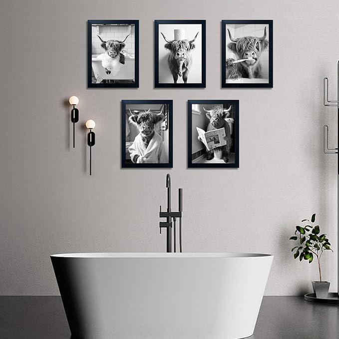 Highland Cow Wall Art, Funny Cow Bathroom Decor, Cow Pictures in Toilet Wall Decor, Black Framed Canvas Print, Black and White Animal Canvas Wall Art for Bathroom
