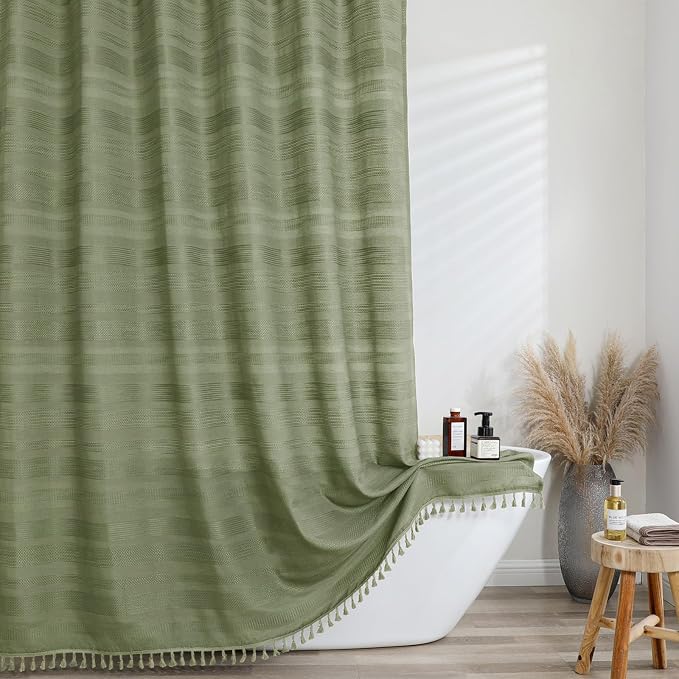 Extra Long Boho Shower Curtain 84 Inch Long, Modern Farmhouse Heavy Duty Linen Textured Soft Fabric, Rustic Country Cloth Shower Curtain with Tassel for Bathroom Hotel, 72Wx84L, Sage Green