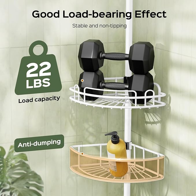 HAMITOR Rustproof Bathtub Corner Shelf, 4-Tier Shower Caddy Tension Pole | Adjustable Bathroom Organizer For Shampoo, Accessories, Storage, No-Drill Quick Install, Space-Saving 47.7-123.6 Inch, White