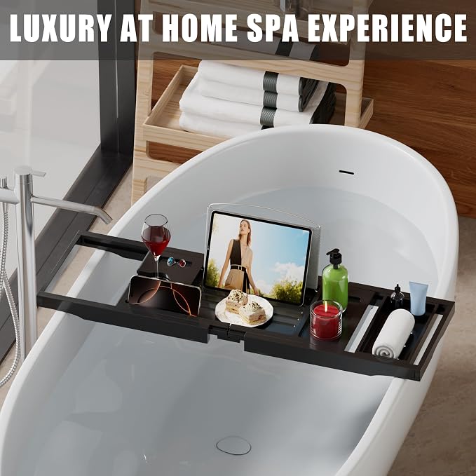 Bamboo Bathtub Tray Caddy, Foldable Bath Tray for Tub | Expandable Bath Table Trays, Bathtub & Bathroom Accessories for New Home/Mothers Day/Birthday Gifts for Couples, Black