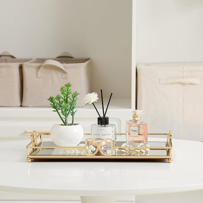 Large Gold Mirrored Tray for Makeup Vanity, 14x10 Entire Length Perfume Organizer for Dresser Top, Elegant Decorative Countertop Storage