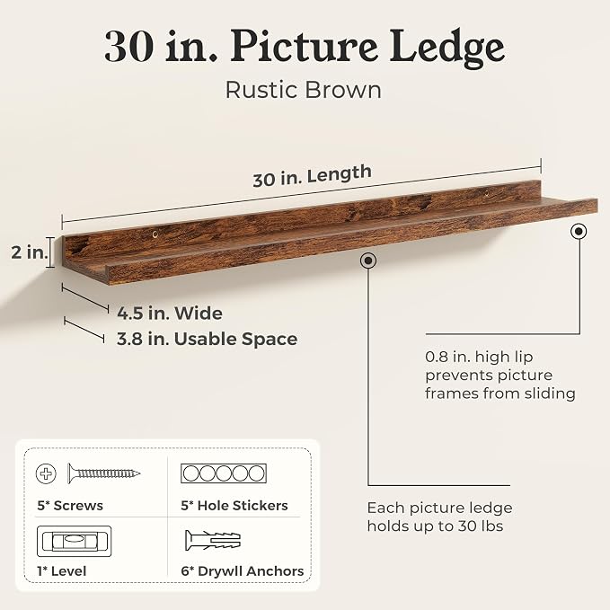 Brown Picture Ledge Shelves for Wall, 4.5" Deep Wood Floating Shelves with Lip for Bedroom, Living Room, 30" Width, Color Brown Set of 2
