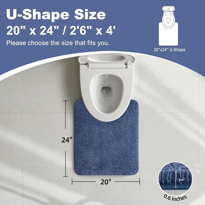 TYUU Toilet Rug, Ultra Soft Toilet Rugs U Shaped Machine Washable Non Slip Absorbent Quick Dry Toilet Mat with Rubber Backing, Denim Blue 20" x 24" U Shape