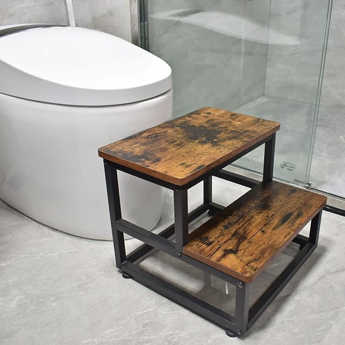 SZLHANJZ Step Stool, Wood & Metal Step Stools for Adults Kids, 500 LB Load | Multi Purpose Round Corner Bed Step Stools for High Beds, Dog Steps Portable Stepping Stool for Bedroom Kitchen, Rustic Brown