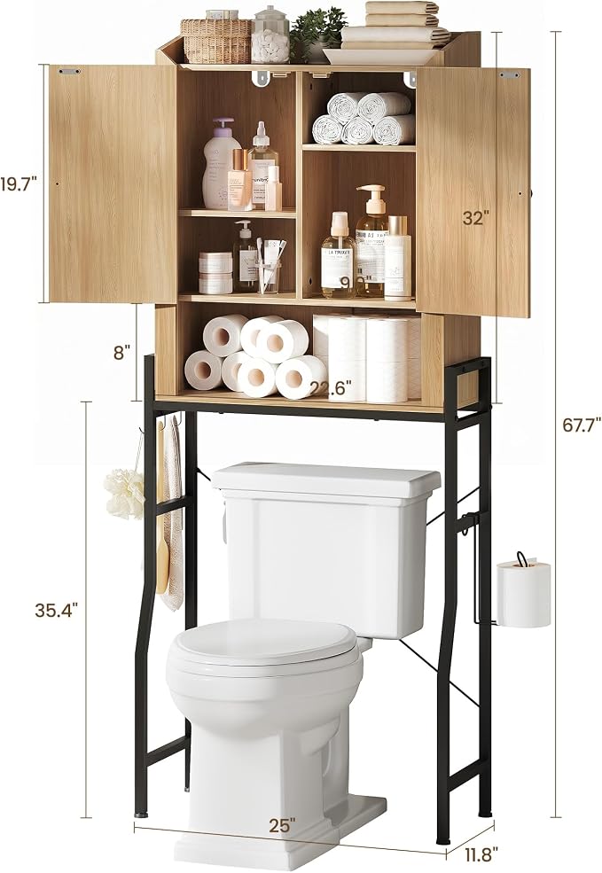 Over The Toilet Storage Cabinet with 2-Door & Metal Stand, Wood | Toilet Paper Holder, 3 Extra Hooks, Anti-Tipping Device, With Adjustable Shelves, for Bathroom, Restroom, Laundry