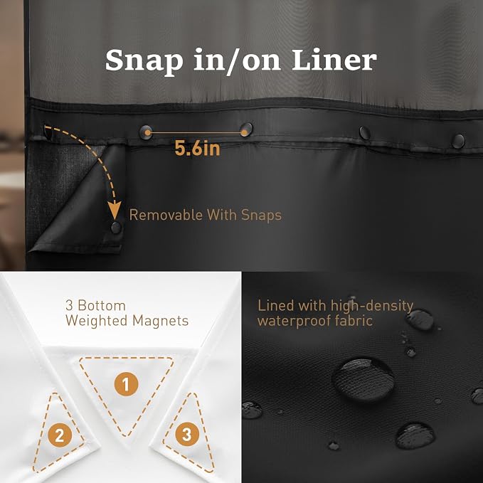 54x81 Ringless Linen Textured Shower Curtain with Snap in Liner, Black | Narrow Long Size, 3 in 1 Shower Curtain, Removable Liner, Waterproof & Washable, Mesh Top Window, Durable Fabric, Easy Setup